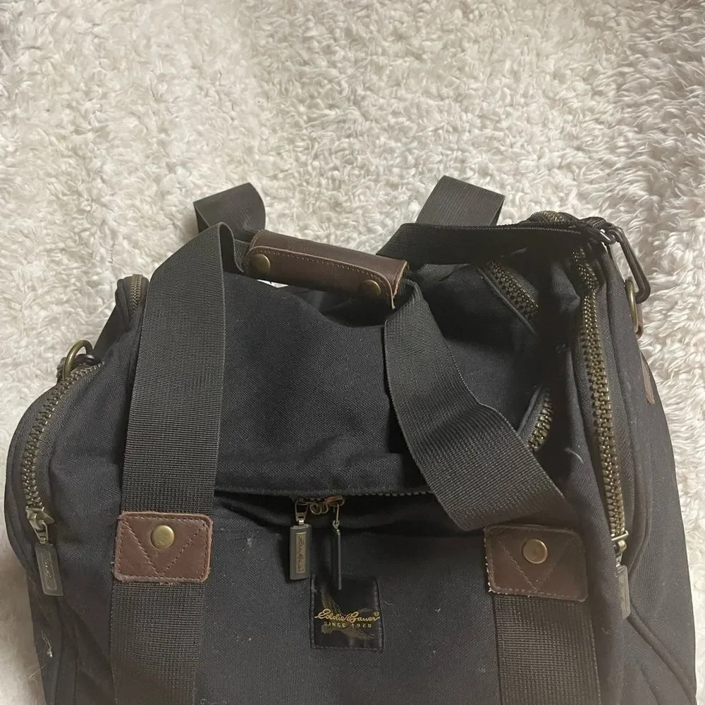Eddie Bauer Premium Black Canvas brown Leather Duffle Weekender Bag